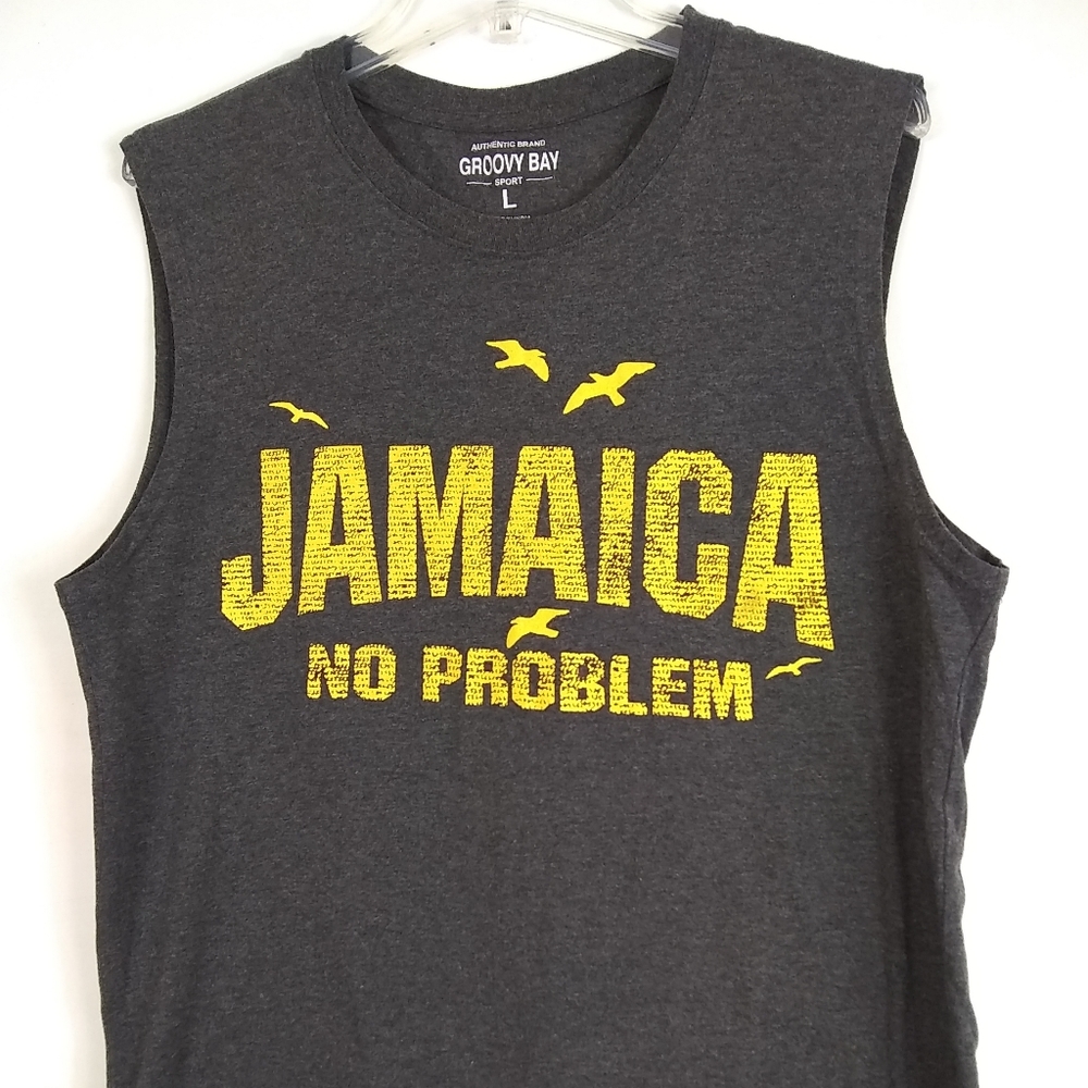 3/$60 Groovy Bay Shirt Men L42 Sport Tank Jamaica No Problem Yel/Gray Cotton EUC